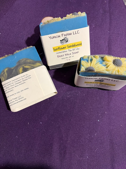 Sunflower sandalwood goat milk soap made with beef tallow